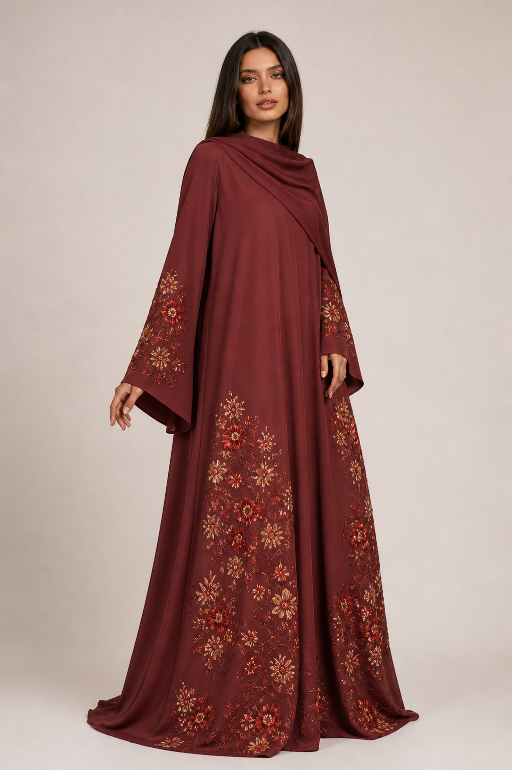 Burgundy Floral Embroidered Abaya